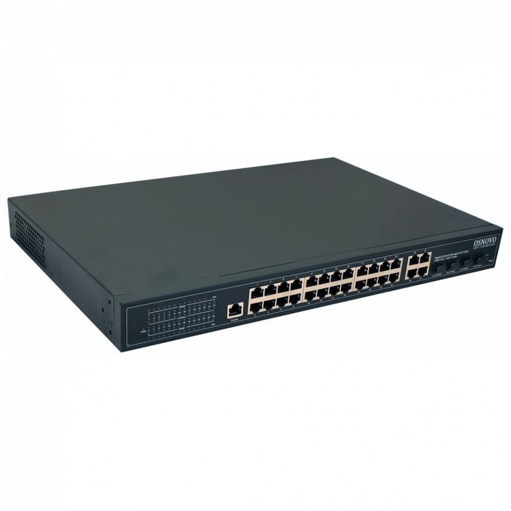 PoE Коммутатор OSNOVO SW-8244/L(400W) Управляемый L2+ PoE коммутатор Gigabit Ethernet на 24 RJ45 PoE + 4 x GE Combo Uplink порта. Порты: 2 x GE (10/100/1000Base-T) с PoE (до 90W, A+B) + 22 x GE (10/