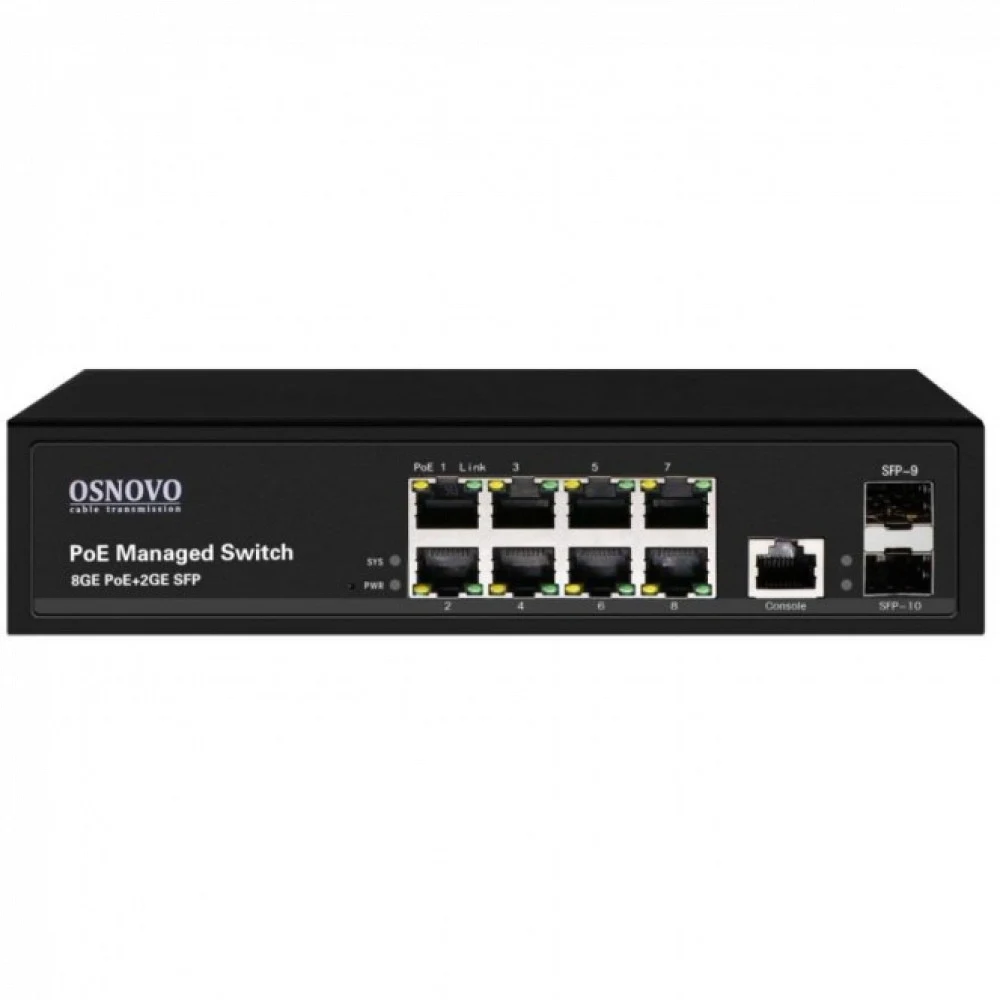 PoE Коммутатор OSNOVO SW-80802/L(150W) Управляемый L2 PoE коммутатор Gigabit Ethernet на 8 RJ45 PoE + 2 x GE SFP порта. Порты: 1 x GE (10/100/1000Base-T) с PoE (до 60W, A+B) + 7 x GE (10/100/1000 Ba