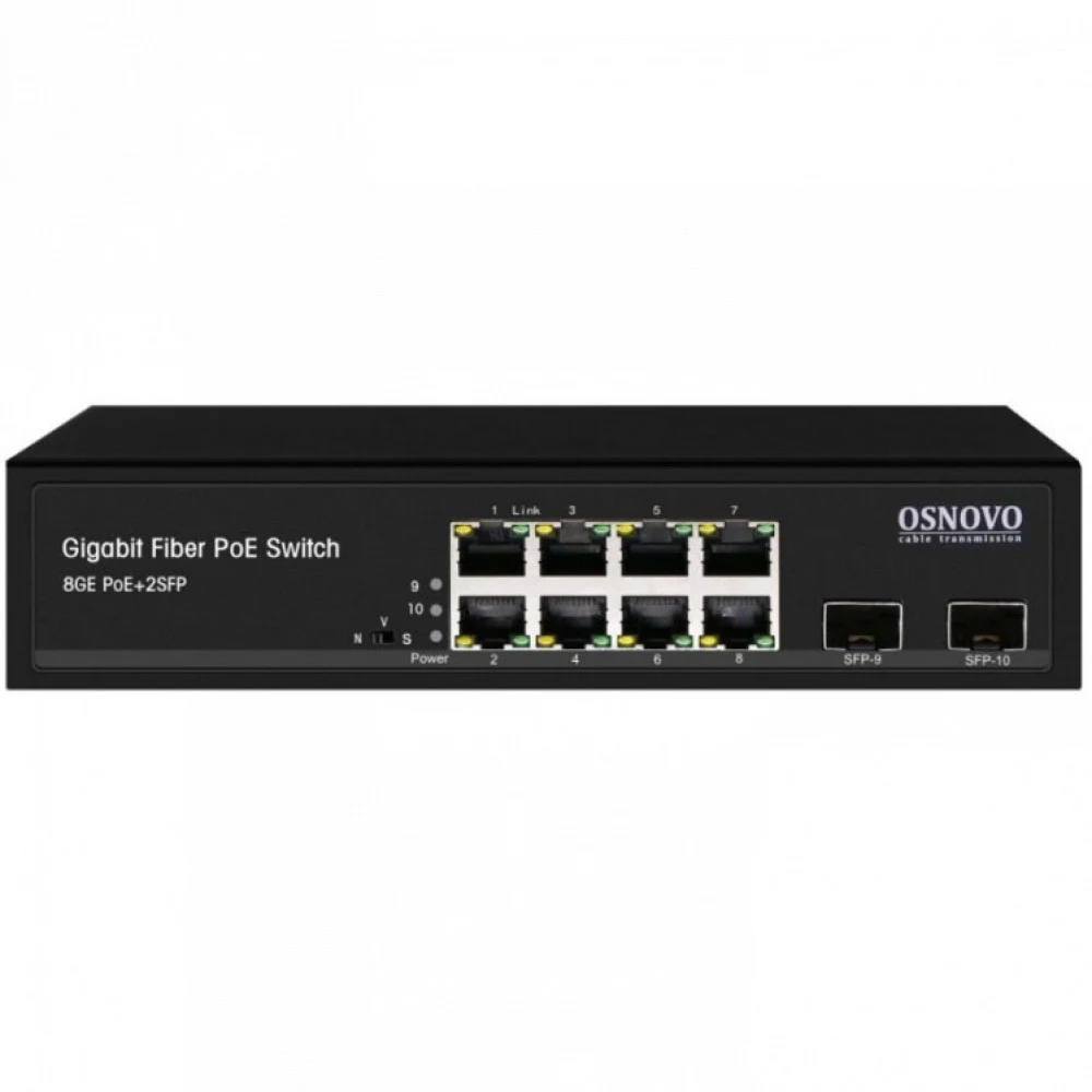 Коммутатор/ OSNOVO Гигабитный PoE коммутатор на 10 портов, 8 *10/100/1000 Base-T PoE, 2*SFP 1000 Base-T, PoE на порт до 30W, суммарно до 150W