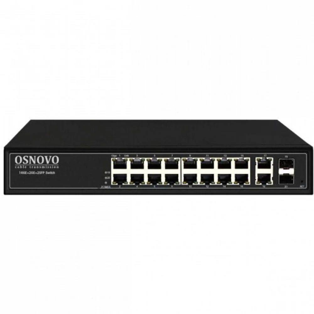 PoE Коммутатор OSNOVO SW-8182/L(300W) Управляемый L2+ PoE коммутатор Gigabit Ethernet на 16 RJ45 PoE + 2 x RJ45 + 2 GE SFP портов. Порты: 2 x GE (10/100/1000Base-T) с PoE (до 90W, A+B) + 14 x GE (10