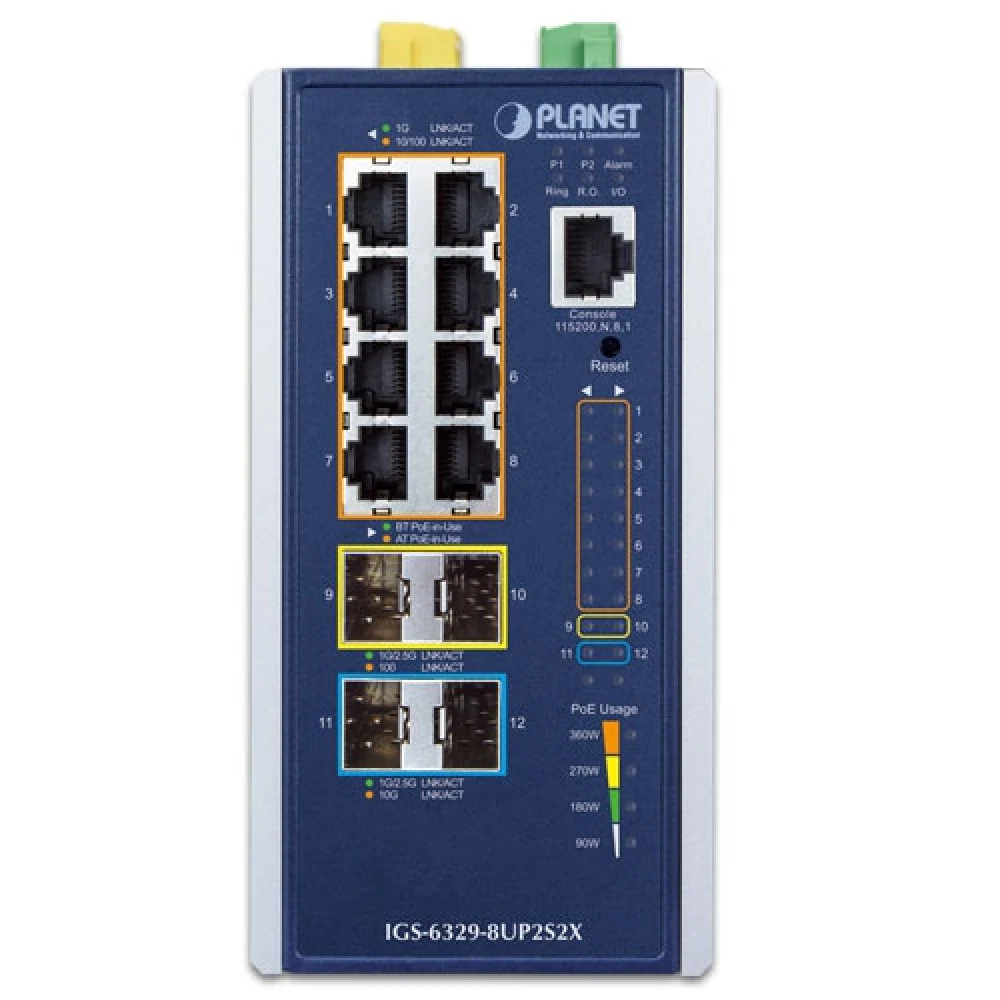 коммутатор/ PLANET IGS-6329-8UP2S2X IP30 DIN-rail Industrial L3 8-Port 10/100/1000T 802.3bt PoE + 2-port 1G/2.5G SFP + 2-Port 10G SFP+ Full Managed Switch (-40 to 75 C, 8-port 95W PoE++, 802.3bt/PoH
