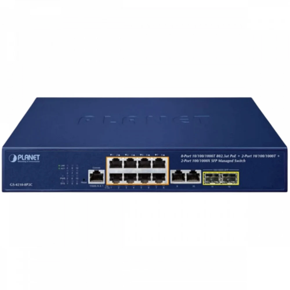коммутатор/ PLANET GS-4210-8P2C IPv4/IPv6, 8-Port Managed 802.3at POE+ Gigabit Ethernet Switch + 2-Port 10/100/1000Mbps RJ45 + 2-Port 100/1000X SFP (120W PoE Budget, 250m Extend mode, supports Cloud