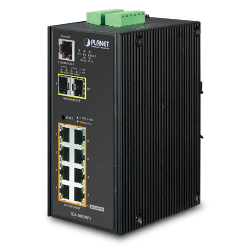 коммутатор/ PLANET IP30 L2+ SNMP Manageable 8-Port Gigabit POE(Af) Switch + 2-Port Gigabit SFP Industrial Switch (-40 to 75 C), ERPS Ring Supported, 1588