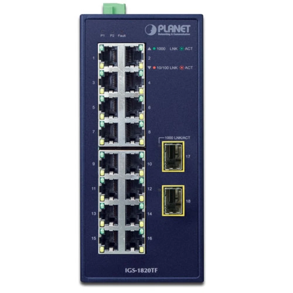 коммутатор/ PLANET IGS-1820TF IP30 Industrial 16-Port 10/100/1000T + 2-Port 1000X SFP Gigabit Ethernet Switch (-40~75 degrees C, dual 12~48V DC/24V AC)