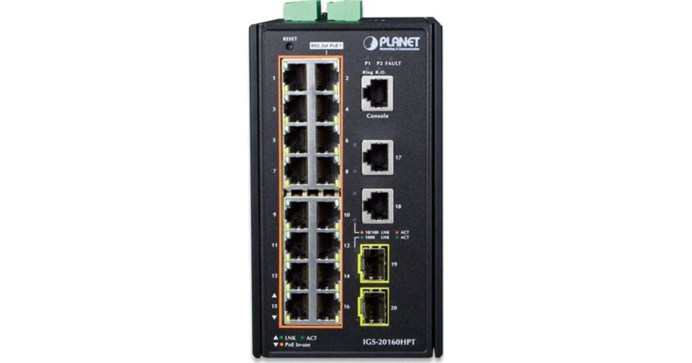 коммутатор/ PLANET IP30 Industrial L2+/L4 16-Port 1000T 802.3at PoE+ 2-Port 1000T + 2-port 100/1000X SFP Full Managed Switch (-40 to 75 C, dual redundant power input on 48~56VDC terminal block, DIDO