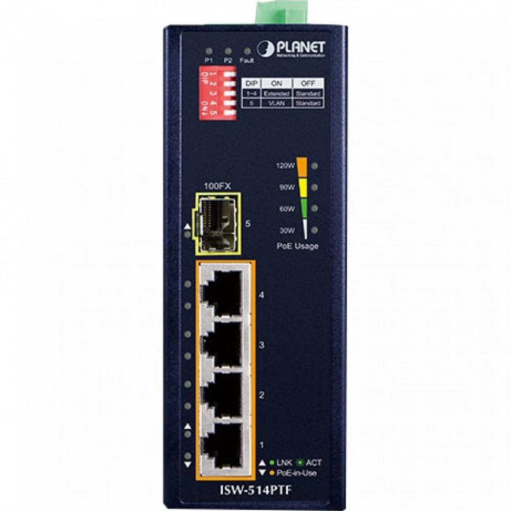 ISW-514PTF индустриальный PoE коммутатор для монтажа в DIN-рейку/ IP30 4-Port/TP + 1-Port Fiber(SFP) POE Industrial Fast Ethernet Switch (-40 to 75 C)