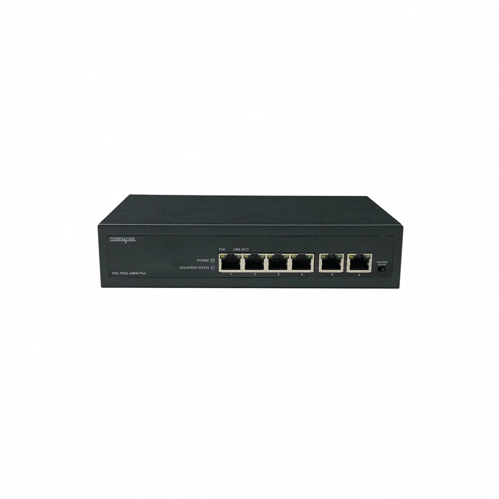 Неуправляемый 4 портовый PoE коммутатор PUS-TT04L-60RM Plus с изоляцией портов и возможностью установки в стойку
