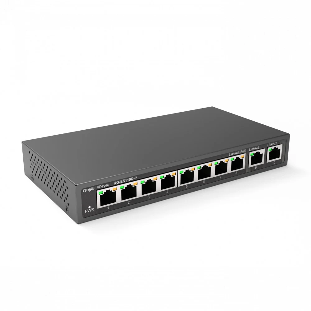 Ruijie Reyee 8-Port 100Mbps + 2 Uplink Port 1000Mbps, 8 of the ports support PoE/PoE+ power supply. Max PoE power budget is 110W, unmanaged switch, desktop