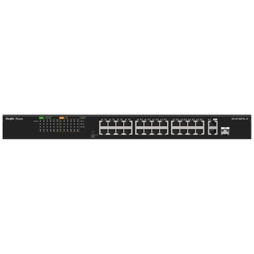 PoE Коммутатор, облачный | Уровень: Неуправляемый | Интерфейс: PoE 24×RJ45 10/100Мбит/с / Uplink 1×RJ45 1Гбит/с / Uplink Combo 1×RJ45 1Гбит/с + 1×SFP 1Гбит/с | Протоколы: Auto/Full/Half Duplex Negot