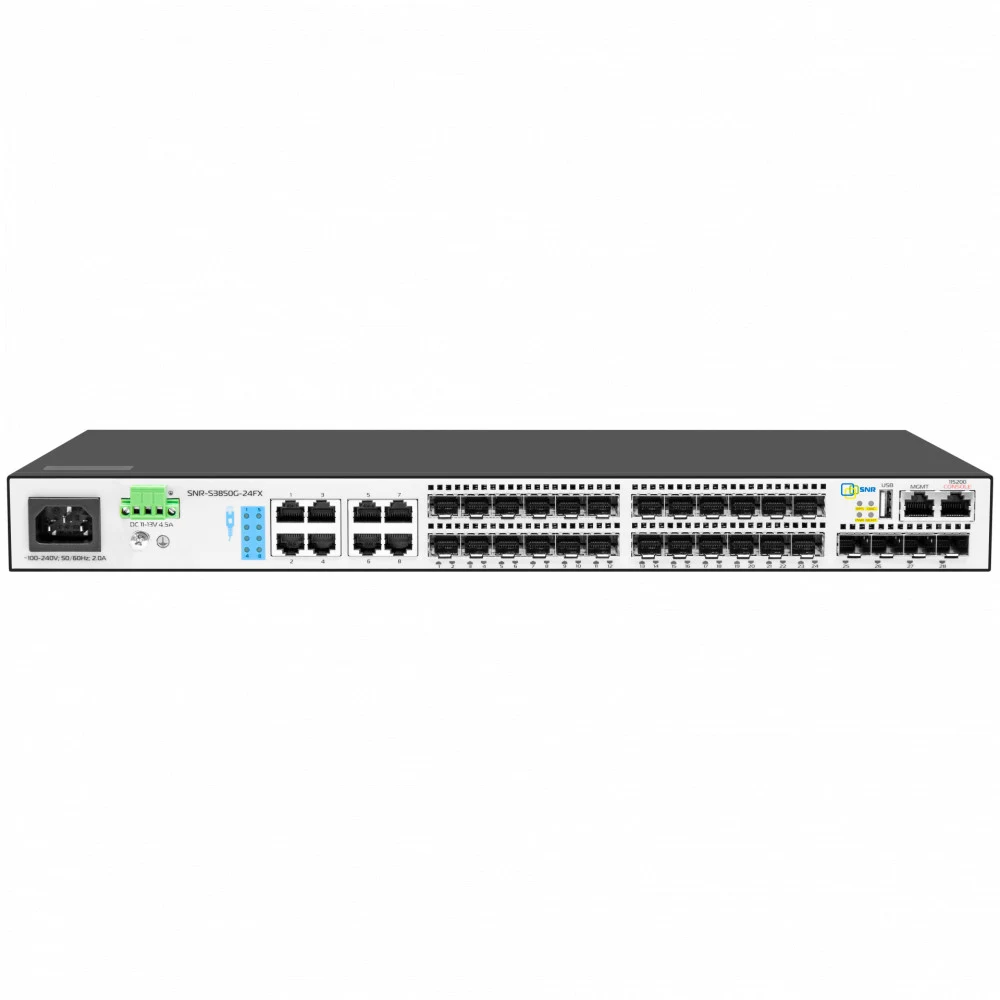 SNR Управляемый коммутатор уровня 3, 16 портов 100/1000BaseX SFP, 8 Combo портов GE, 4 порта 1/10G SFP+, RPS DC 12V
