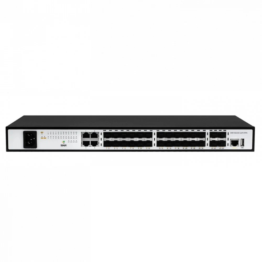 коммутатор SNR Управляемый коммутатор уровня 2+, 20 портов 100/1000Base-X SFP, 4 порта Combo 10/100/1000Base-T|100/1000Base-X SFP, 4 порта 1/10G SFP+, встроенный БП ~220V AC