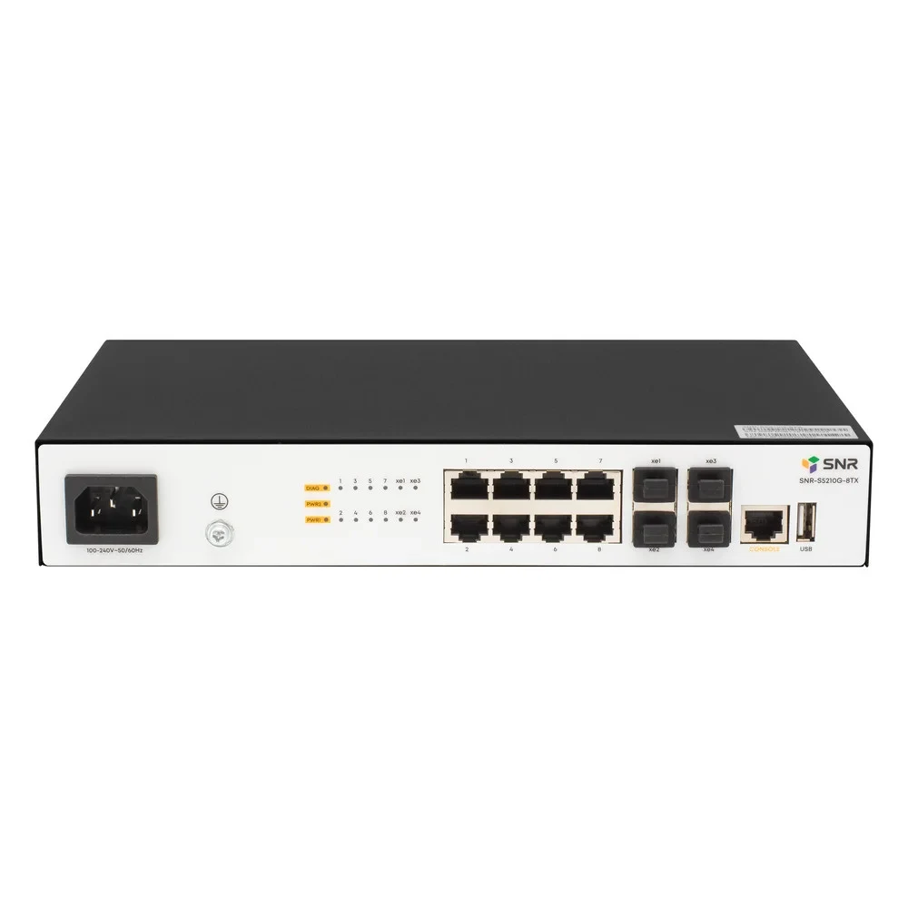 Коммутатор SNR Управляемый коммутатор уровня 2+, 8 портов 10/100/1000Base-T, 4 порта 1/10G SFP+, встроенный БП ~220V AC
