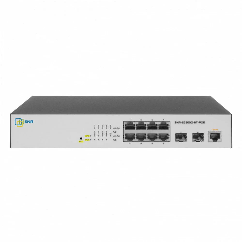Коммутатор SNR Управляемый Web Smart POE коммутатор уровня 2, 8 портов 10/100/1000BaseT, 2 порта 100/1000BaseX (SFP). POE 100W