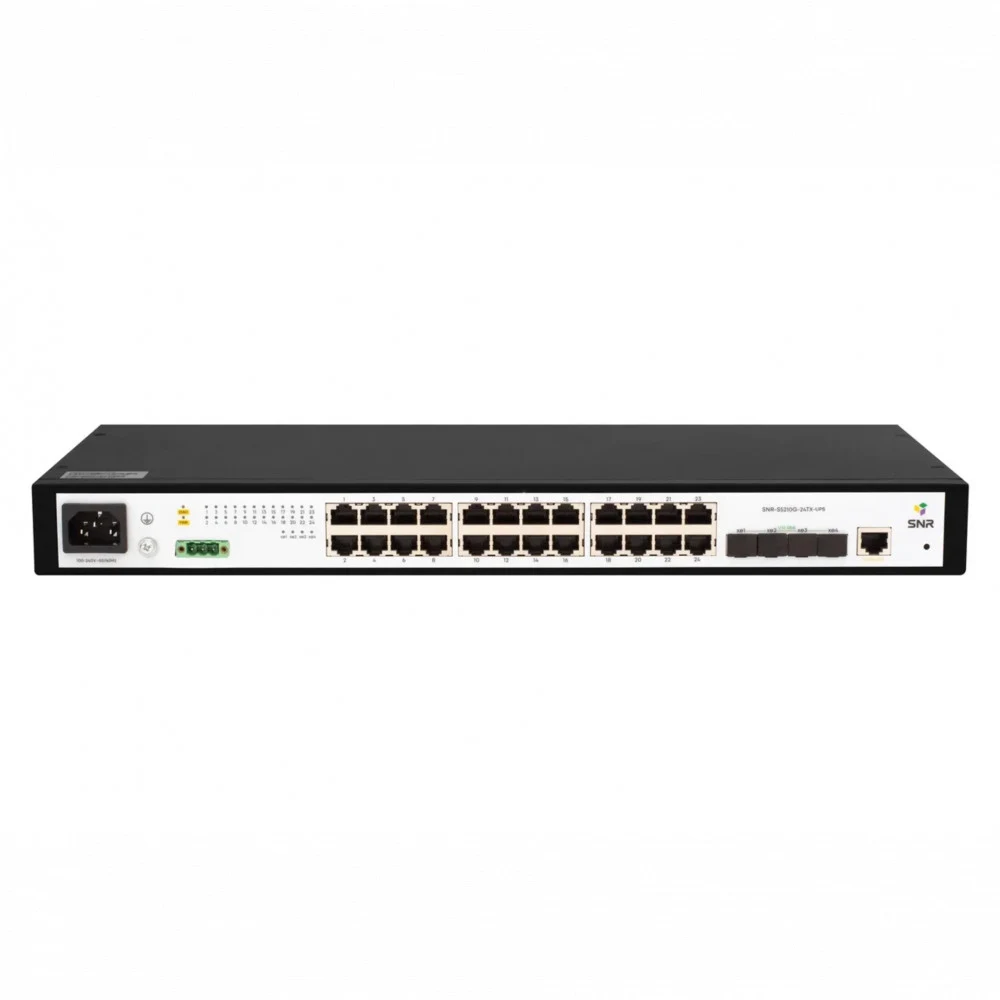 Коммутатор SNR Управляемый коммутатор уровня 2+, 24 порта 10/100/1000Base-T, 4 порта 1/10G SFP+, встроенный БП ~220V AC, разъем для АКБ 12V с возможностью заряда