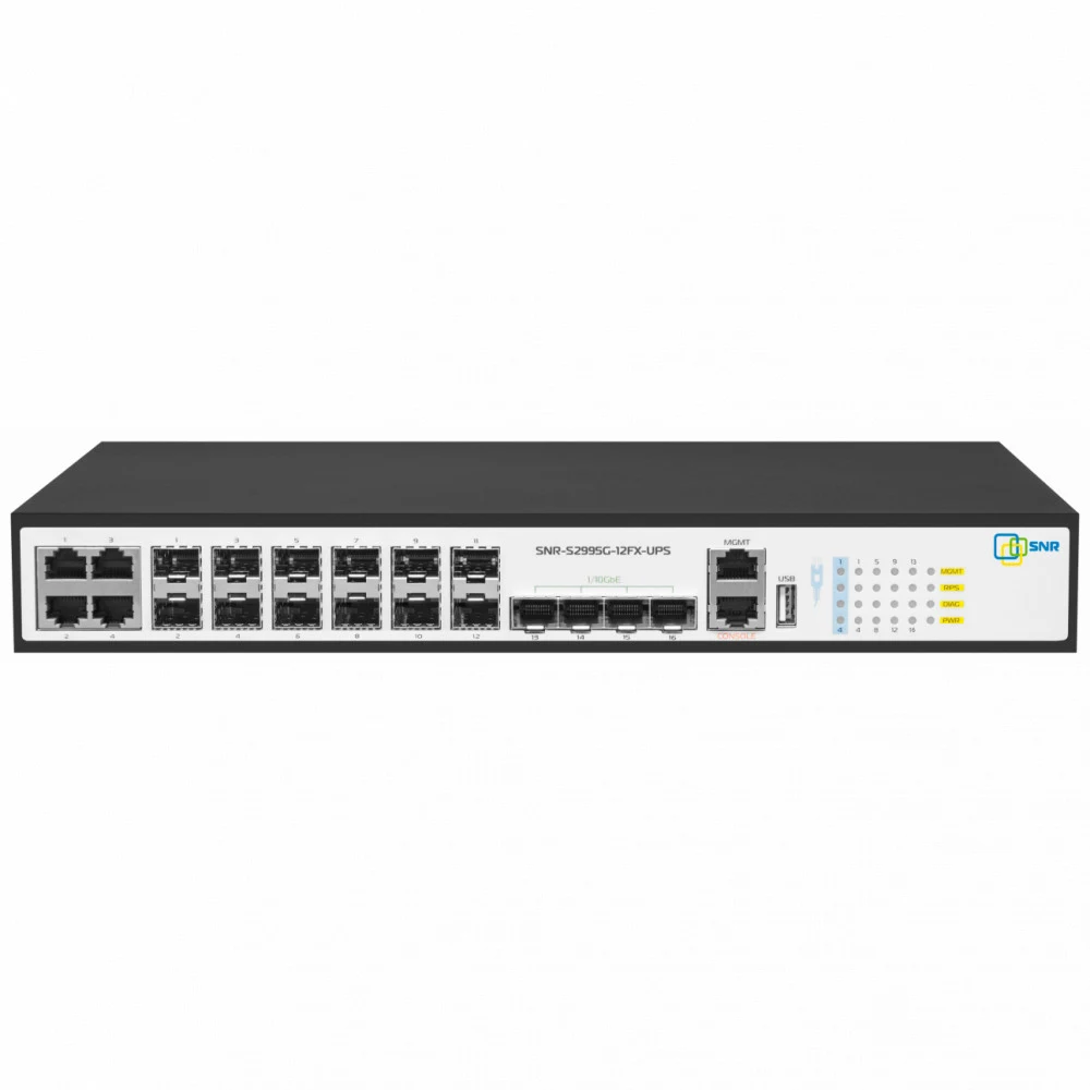 SNR Управляемый коммутатор уровня 3, 8 портов 100/1000BaseX SFP, 4 Combo портов GE, 4 порта 1/10G SFP+, RPS DC 12V
