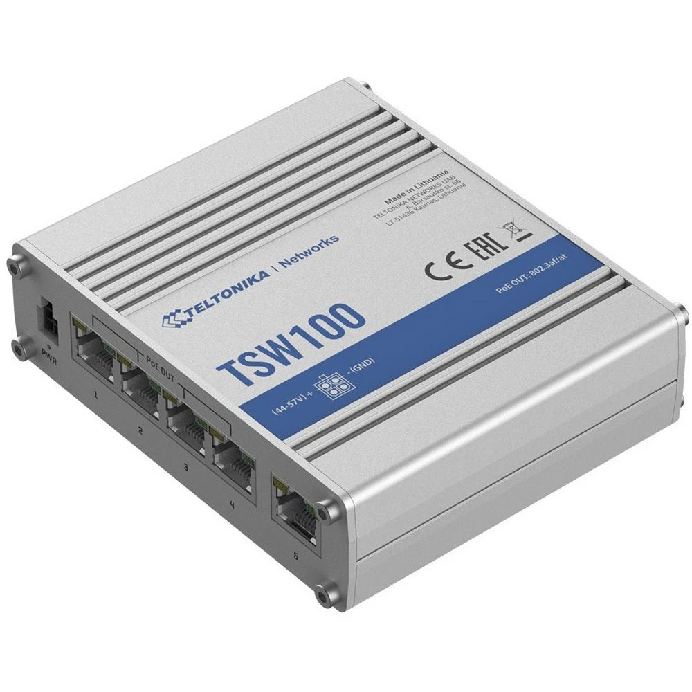 Коммутатор TELTONIKA/TSW100 Неуправляемый промышленный (IP30 -40/+75 ̊ C) PoE+/5 x RJ45 ports 10/100/1000Mbps/1-4 ports PoE 802.3af/802.3at (Total 120 TSW100000000