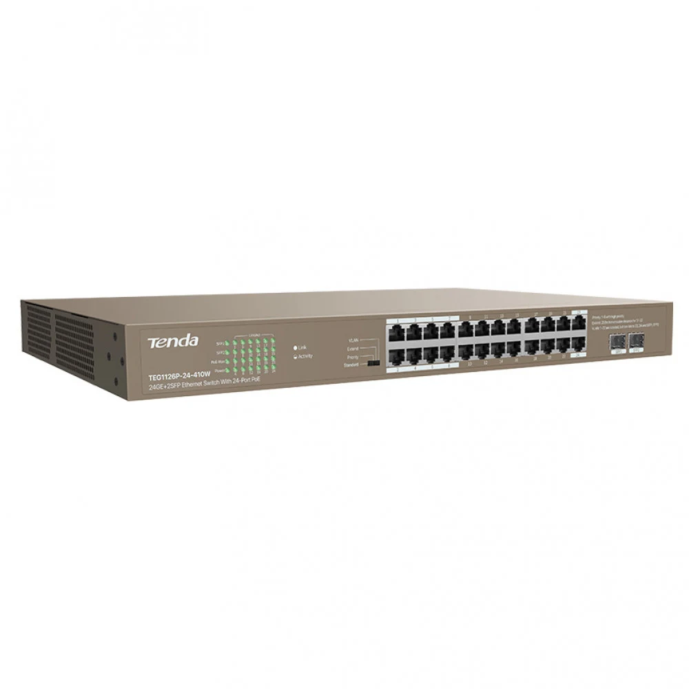 IP-COM G1126P-24-410W Коммутатор неуправляемый PoE, 26 портов, 24x1 Гбит/с, SFP 2x1 Гбит/с, PoE 24x30Вт (до 370Вт), установка в стойку, металлический