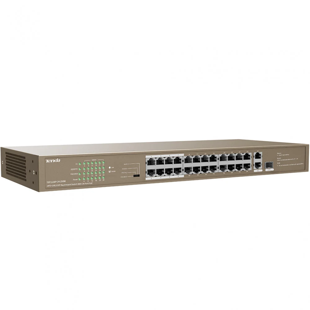 Tenda TEF1126P-24-250W Коммутатор неуправляемый PoE, 26 портов, 24x100 Мбит/с, PoE 24х30 Вт (до 370Вт), SFP 2х1 Гбит/с