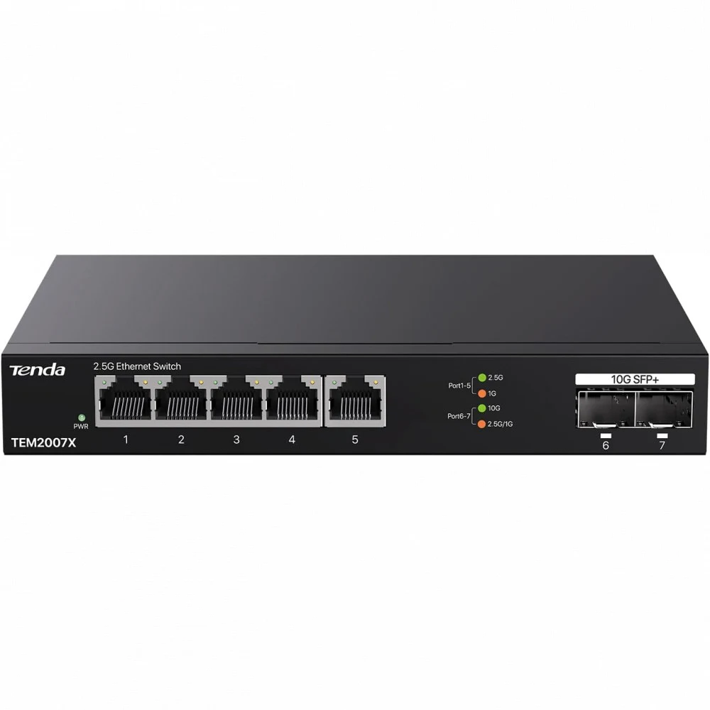 Коммутатор/ Tenda TEM2007X Коммутатор неуправляемый, 7 портов, RJ-45 5х2,5 Гбит/с, SFP+ 2х10 Гбит/с, настольный, металлический корпус