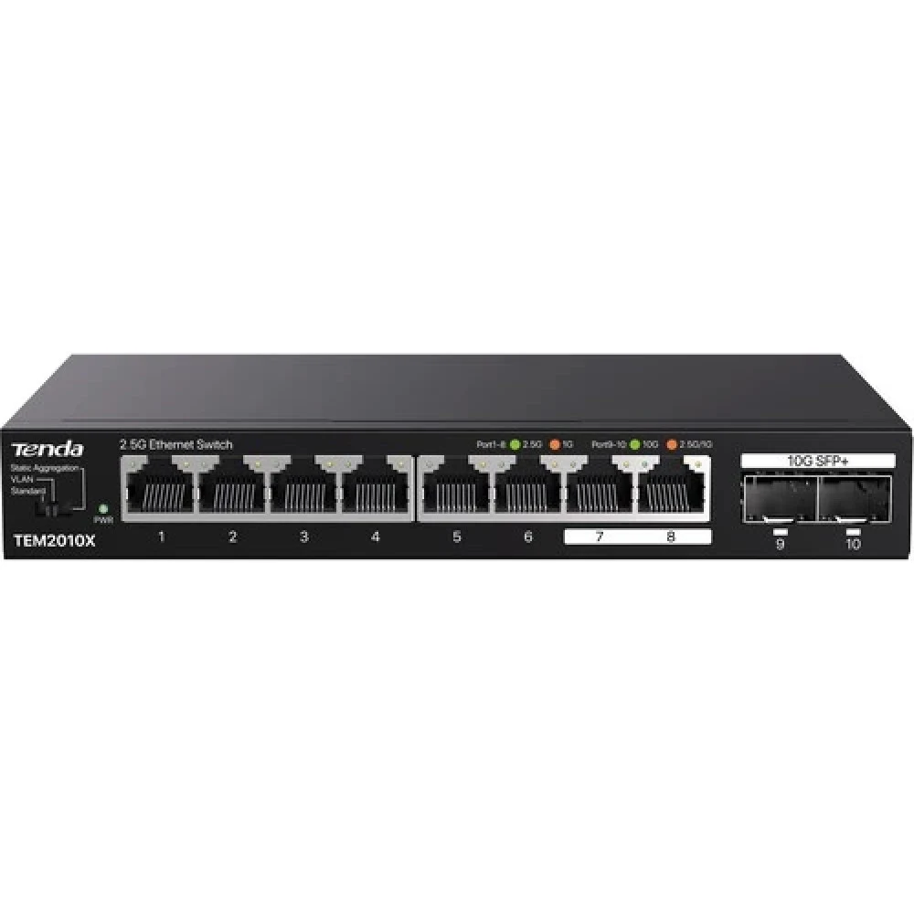 Коммутатор/ Tenda TEM2010X Коммутатор неуправляемый, 10 портов, RJ-45 8х2,5 Гбит/с, SFP+ 2х10 Гбит/с, настольный, металлический корпус