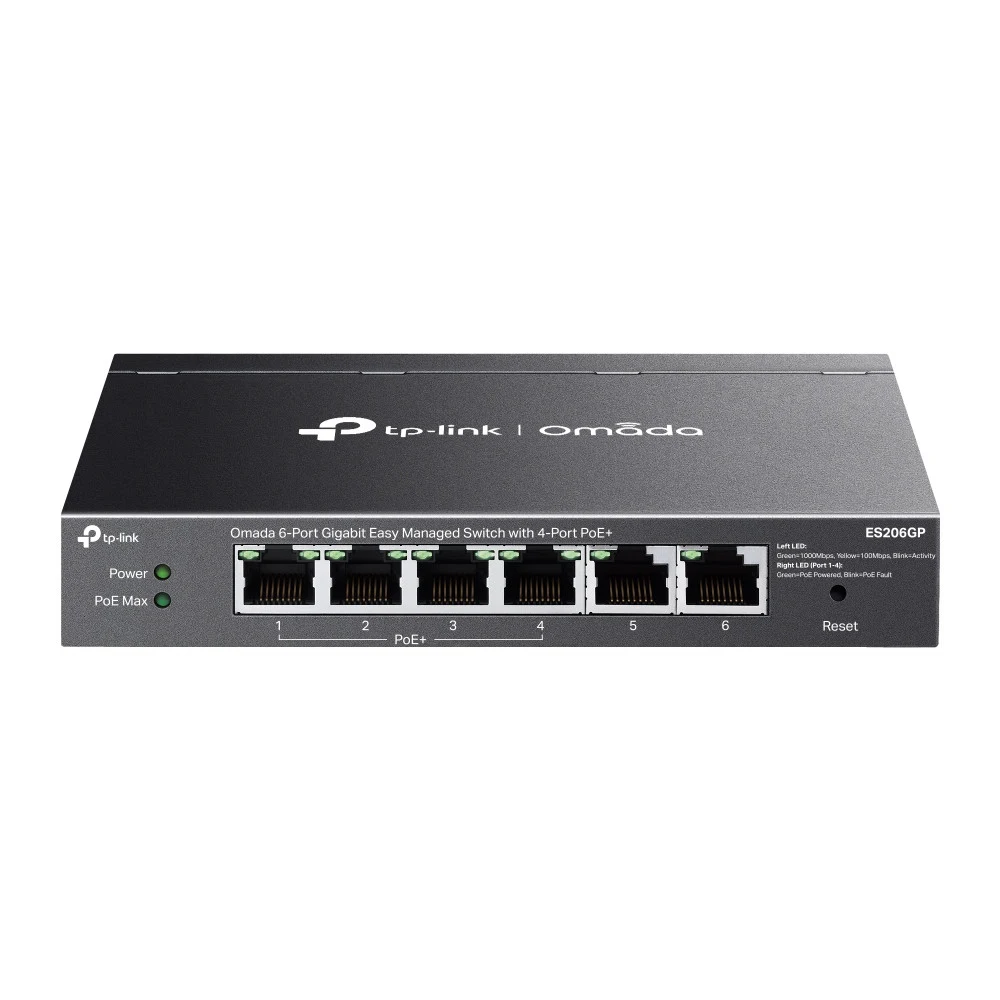 Коммутатор PoE+ GbE Easy Managed 6-портовый TP-Link Omada ES206GP &lt 4 порта GbE 802.3af/at PoE+, 2 порта GbE, IGMP Snooping, бюджет мощности PoE 65W, Omada SDN, 32 группы VLAN, PoE до 250 м, QoS,