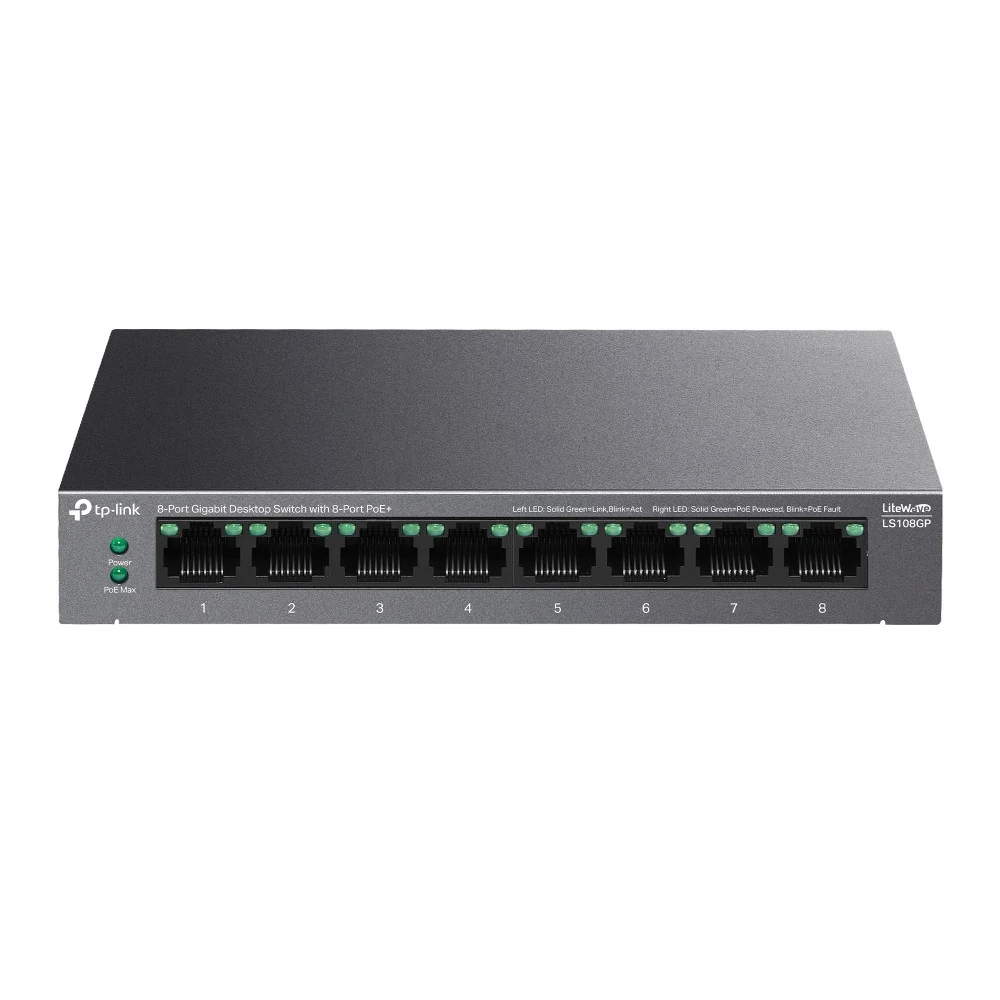 Коммутатор PoE+ GbE 8-портовый Tp-Link LS108GP &lt 8 портов PoE+ 802.3 af/at (до 30 Вт), режим расширения (передача данных и подача питания по PoE на расстояние до 250 м), Режим восстановления PoE A