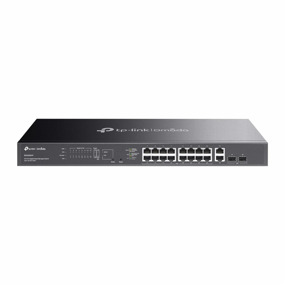 Коммутатор PoE+ GbE Easy Managed 20-портовый TP-Link Omada ES220GMP &lt Omada 16 портов GbE 802.3af/at PoE+, 2 порта GbE RJ45, 2 гигабитных SFP порт, QoS 802.1p/DSCP, IGMP Snooping, бюджет мощности