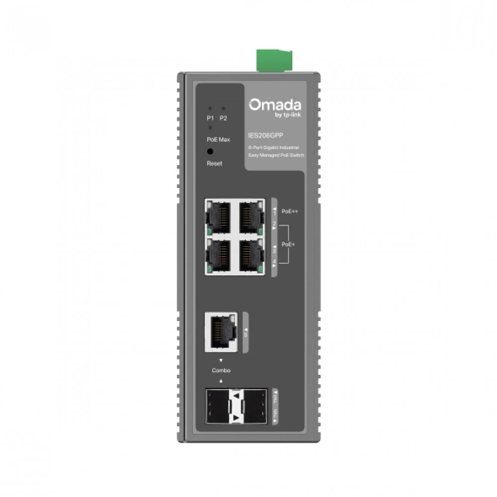 Коммутатор индустриальный PoE+ Smart GbE 6-портовый Tp-Link IES206GPP &lt JetStream™ 4 портов GbE(1× PoE++, 3× PoE+),1 гигабитный комбинированный порт RJ45/SFP, 1 гигабитный слот SFP, бюджет мощност