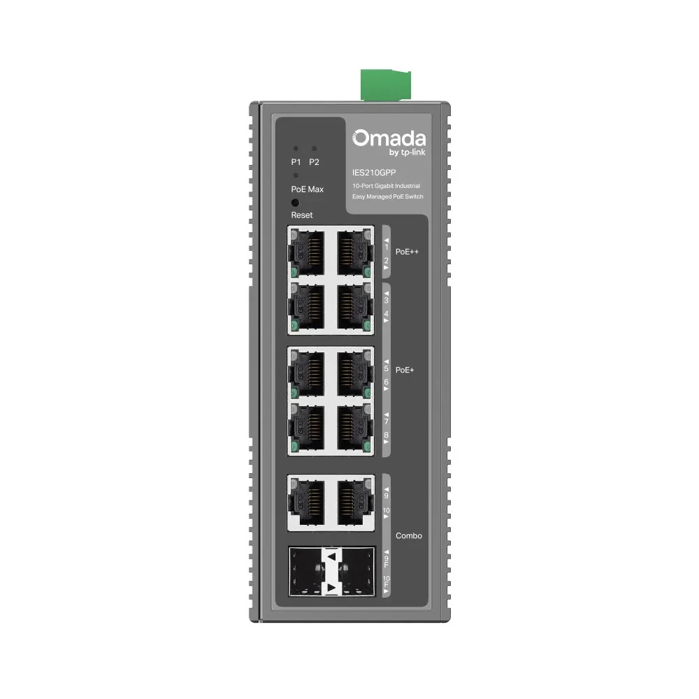 Коммутатор, TP-Link, IES210GPP, Управляемый L2, 2 порта RJ45 PoE++ 10/100/1000 Мбит/с, 6 портов RJ45 PoE+ 10/100/1000 Мбит/с, 2комбо SFP/RJ45, 802.3af/at/bt, бюджет 240 Вт