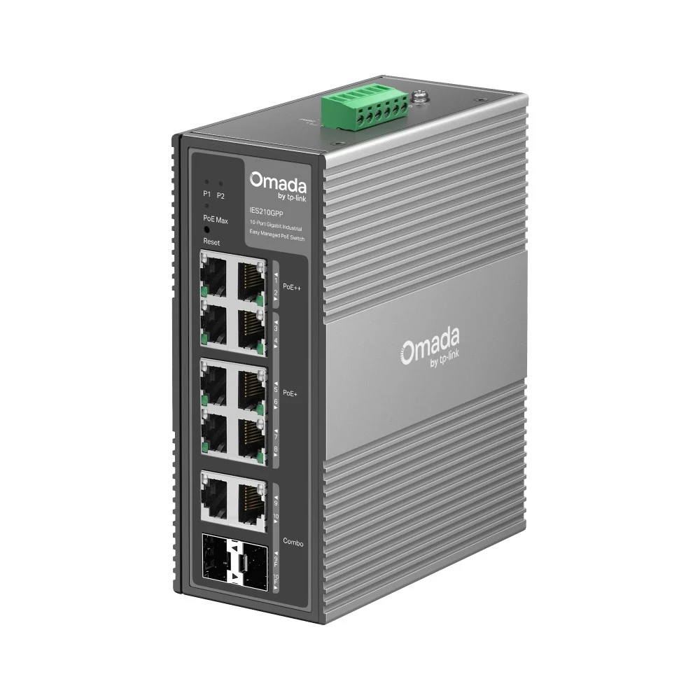 Коммутатор индустриальный PoE+ Easy Managed GbE 10-портовый TP-Link Omada IES210GPP &lt 8 портов GbE(2× PoE++, 6× PoE+), 2 комбинированых GbE порта RJ45/SFP, QoS 802.1p/DSCP, IGMP Snooping, бюджет м