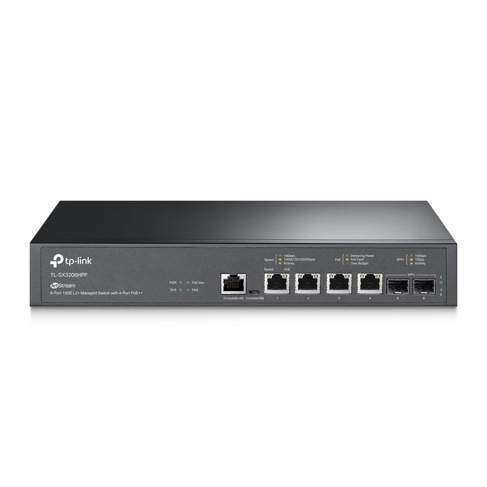 JetStream 4-Port 10GBase-T and 2-Port 10GE SFP+ L2+ Managed Switch with 4-Port PoE++PORT: 4× 10G PoE++ Ports, 2× 10G SFP+ Slots, RJ45/Micro-USB Console PortSPEC: 802.3bt/at/af, 240 W PoE Power, 1U 1