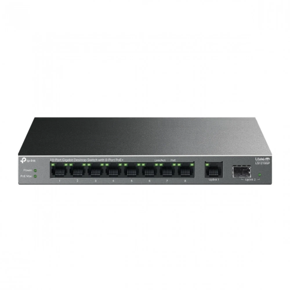 Коммутатор PoE+ GbE 10-портовый Tp-Link LS1210GP &lt 10-портовый гигабитный настольный коммутатор,с 8 портами PoE+ IEEE 802.3af/at, бюджет мощности PoE 61W, 1 порт SFP &gt