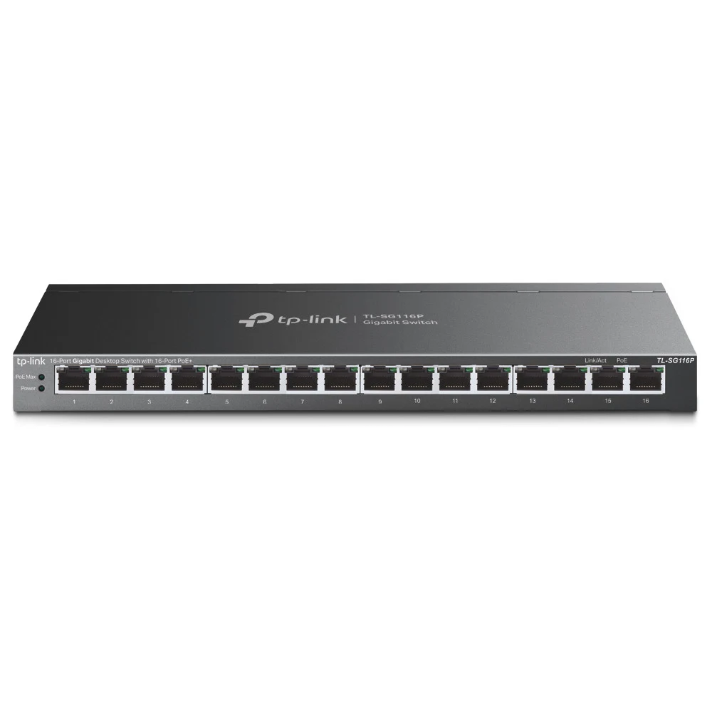 TP-Link Настольный коммутатор с 16 гигабитными портами PoE+ ПОРТЫ: 16 гигабитных портов PoE+ ХАРАКТЕРИСТИКИ: 802.3af/at, бюджет PoE — 120 Вт, стальной настольный корпус ОСОБЕННОСТИ: режим увеличения