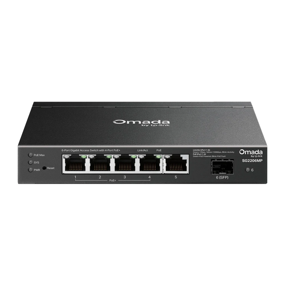 Коммутатор PoE+ Smart GbE 6-портовый TP-Link SG2206MP &lt Omada 4 порта GbE 802.3af/at (max 30W на порт), 1 порт GbE RJ45, 1 Гигабитных SFP-слот, коммутационная матрица 12 Гбит/с, бюджет мощности Po