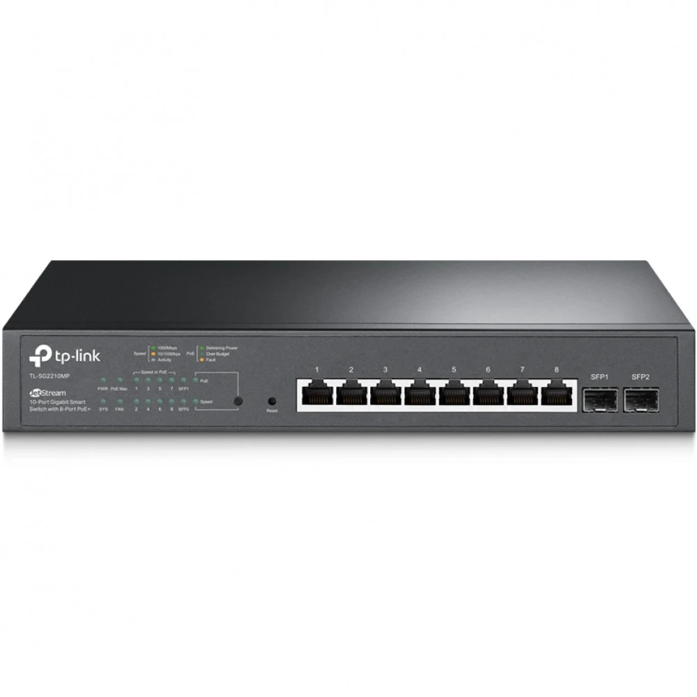 Коммутатор PoE+ Smart GbE 8-портовый Tp-Link SG2210MP &lt JetStream™ 8 портов GbE 802.3af/at (max 30W на порт), 2 гигабитных SFP-слота, коммутационная матрица 20 Гбит/с, бюджет мощности PoE 150W, ин