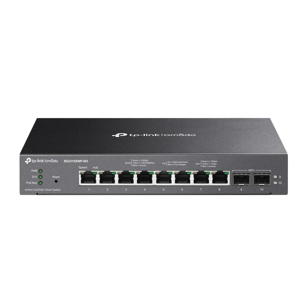 Коммутатор PoE+ Smart 2,5GbE 10-портовый Tp-Link SG2210XMP-M2 &lt JetStream™ 8 портов 2,5GbE 802.3af/at (max 30W на порт), 2 10 Гигабитных SFP+ слота, коммутационная матрица 80 Гбит/с, бюджет мощнос