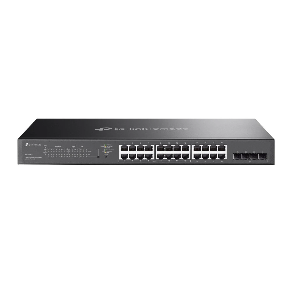 Коммутатор PoE+ Smart GbE 28-портовый Tp-Link SG2428LP &lt JetStream™ 16 портов GbE PoE 802.3af/at (max 30W на порт), 8 портов GbE без PoE, 4 гигабитных слота SFP, коммутационная матрица 56 Гбит/с,