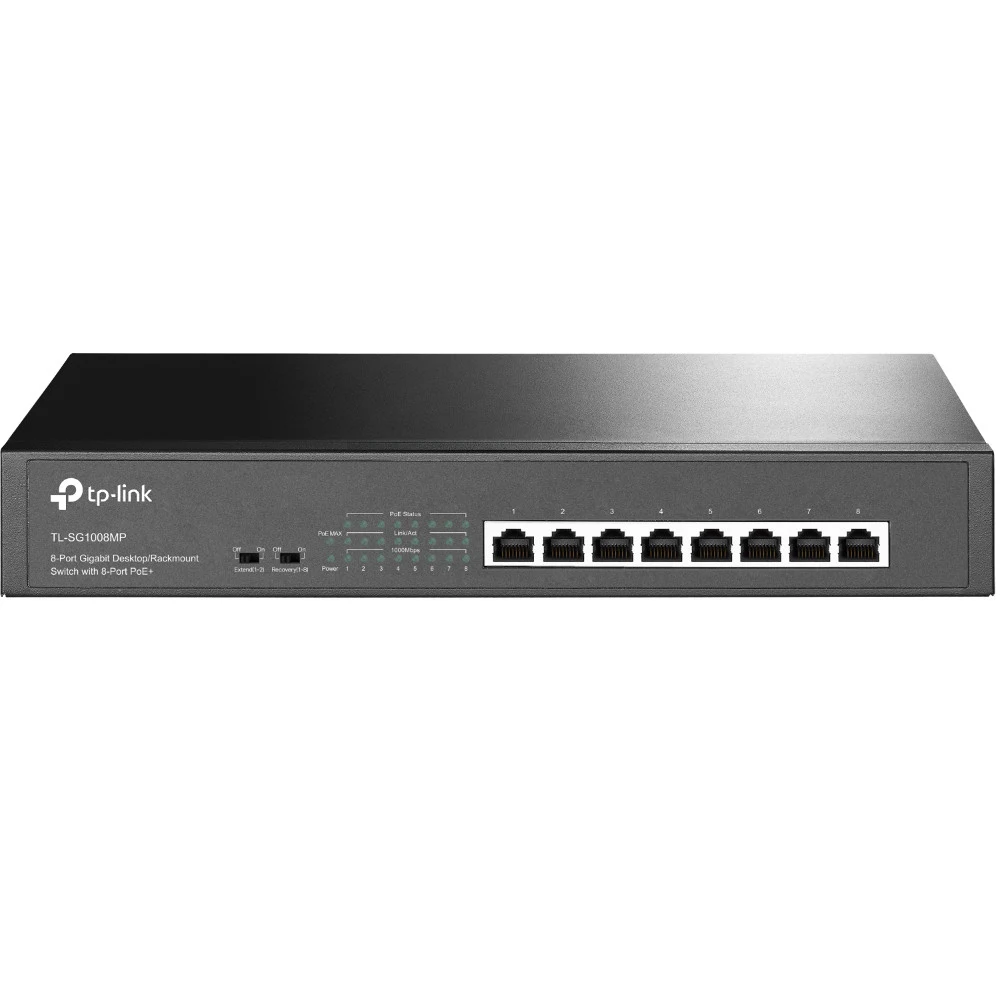 Коммутатор TP-LINK TL-SG1008MP 8-портовый гигабитный PoE+ коммутатор, 8 гигабитных портов RJ45, 8 портов с поддержкой PoE+, поддержка 802.3af/at, бюджет PoE+ до 126 Вт, стальной корпус монтируемый в