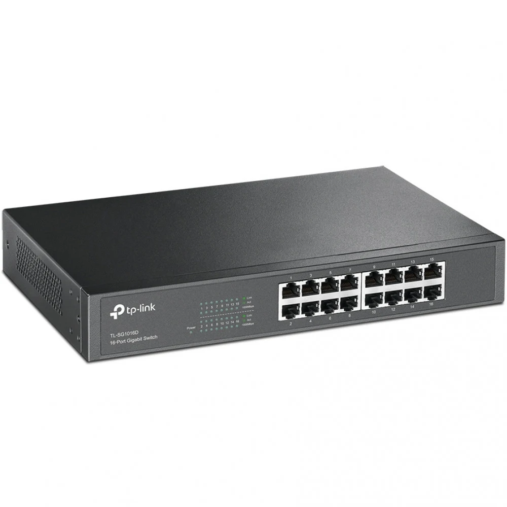 TP-Link 16-Port Gigabit Desktop/Rackmount Switch, 16 10/100/1000M RJ45 ports, 1U 13-inch rack-mountable steel case, energy-efficient technology, supports MAC address self-learning, Auto MDI/MDIX and