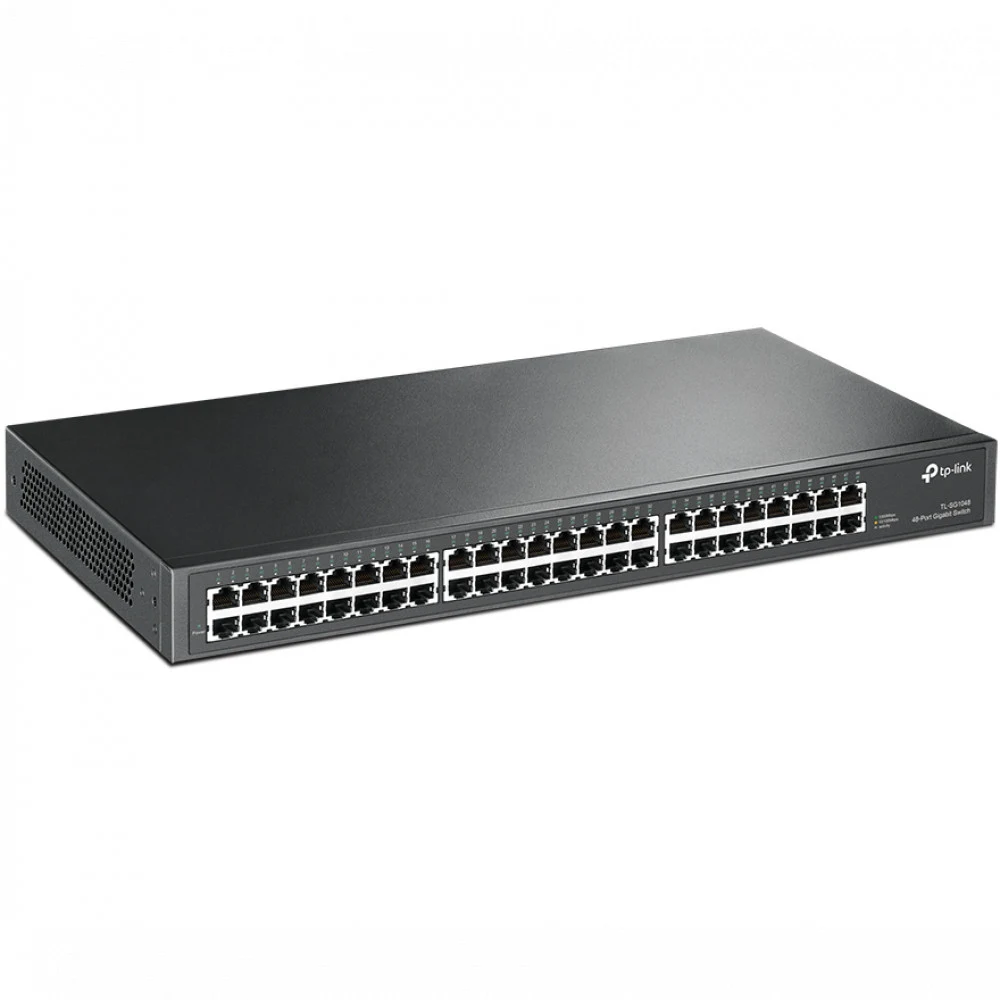 TP-Link TL-SG1048, 48-портовый гигабитный коммутатор, 48 портов RJ45 10/100/1000 Мбит/с, 1U 19-дюймовый монтируемый в стойку стальной корпус 48 портов 10/100/1000 Мбит/с (разъем RJ45) Инновационная