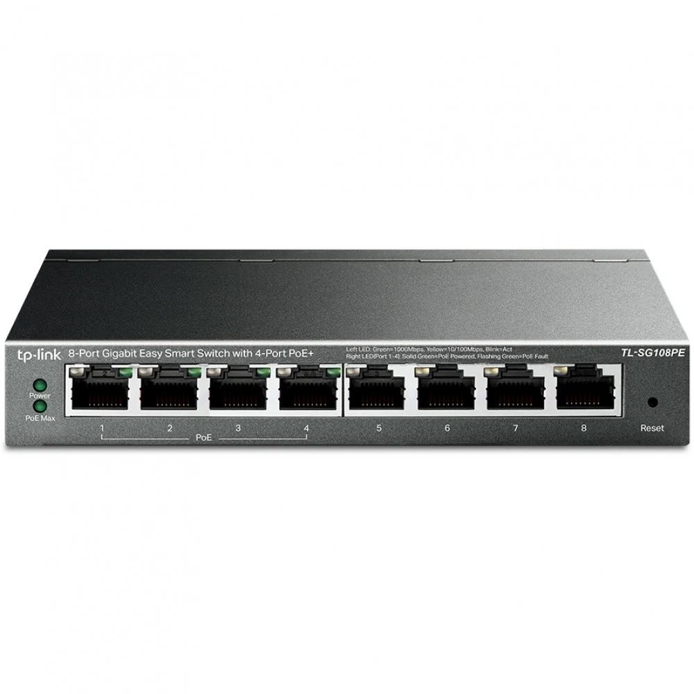 Коммутатор TP-LINK TL-SG108PE 8-портовый гигабитный Easy Smart PoE-коммутатор, 8 гигабитных портов RJ45, 4 порта с поддержкой PoE, поддержка 802.3af, бюджет PoE до 55 Вт, VLAN на базе MTU/порта/тэга