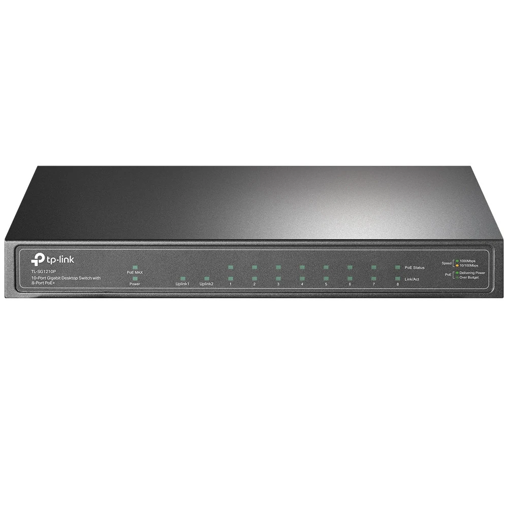 Коммутатор TP-LINK TL-SG1210P 8-портовый гигабитный неуправляемый коммутатор PoE+ с 1 гигабитным портом RJ-45 + 1 Uplink-портом SFP, металлический корпус, 8 портов PoE+ стандарта 802.3af/at, 1 гигаб