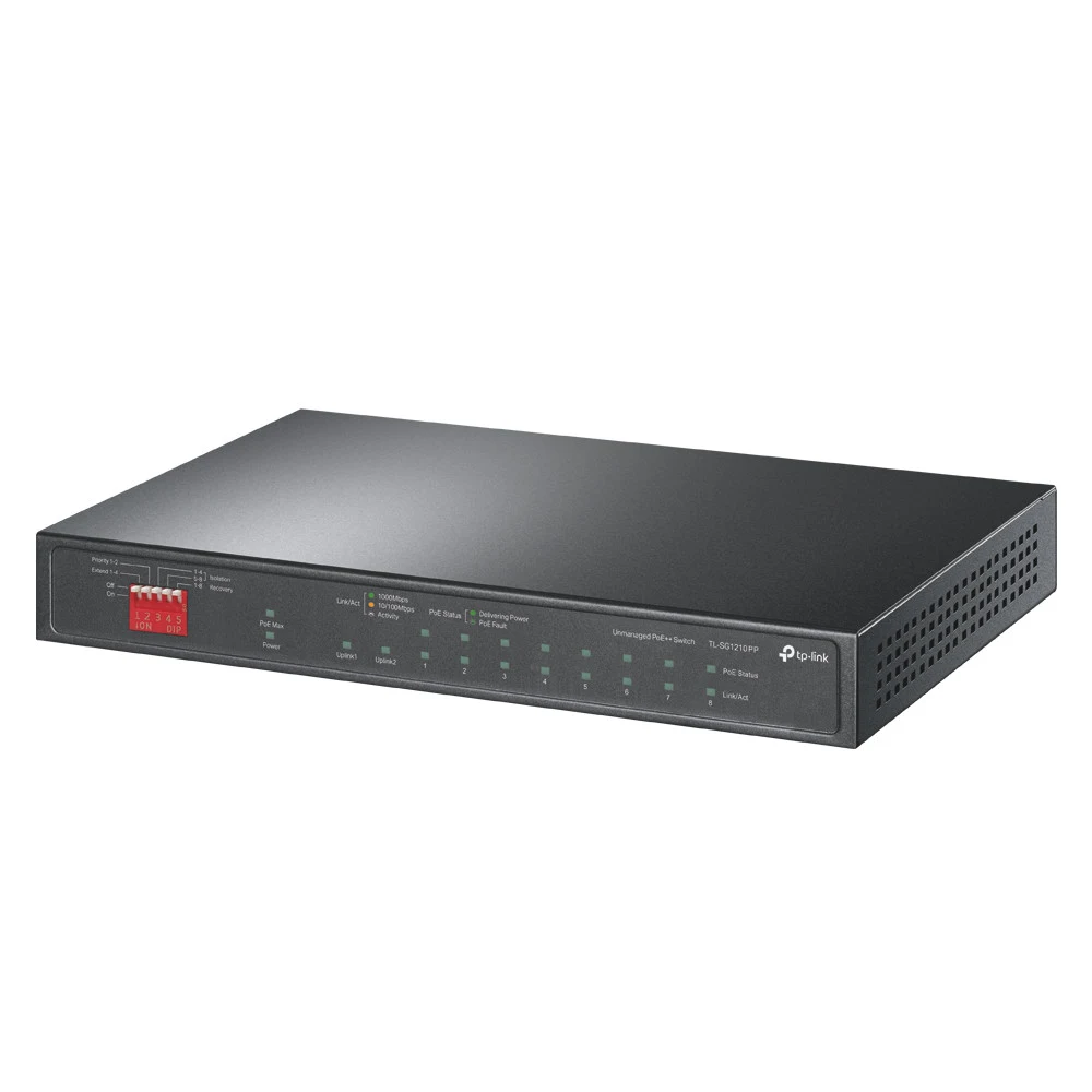 10-Port Gigabit Desktop Switch with 6-Port PoE+ and 2-Port PoE++PORT: 2× Gigabit PoE++ Ports, 6× Gigabit PoE+ Ports, 2x Gigabit Non-PoE Ports, 1× Combo Gigabit SFP SlotSPEC: 802.3af/at/bt type3, 123