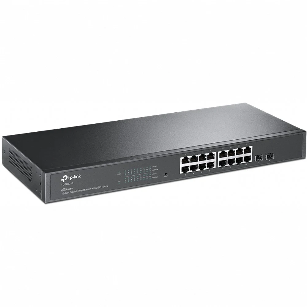 Коммутатор TP-LINK TL-SG2218 JetStream Smart коммутатор на 16 гигабитных портов и 2 гигабитных uplink-порта, 16 портов RJ-45 10/100/1000 Мбит/с, 2 гигабитных SFP-слота, функции L2/L2+, возможность м