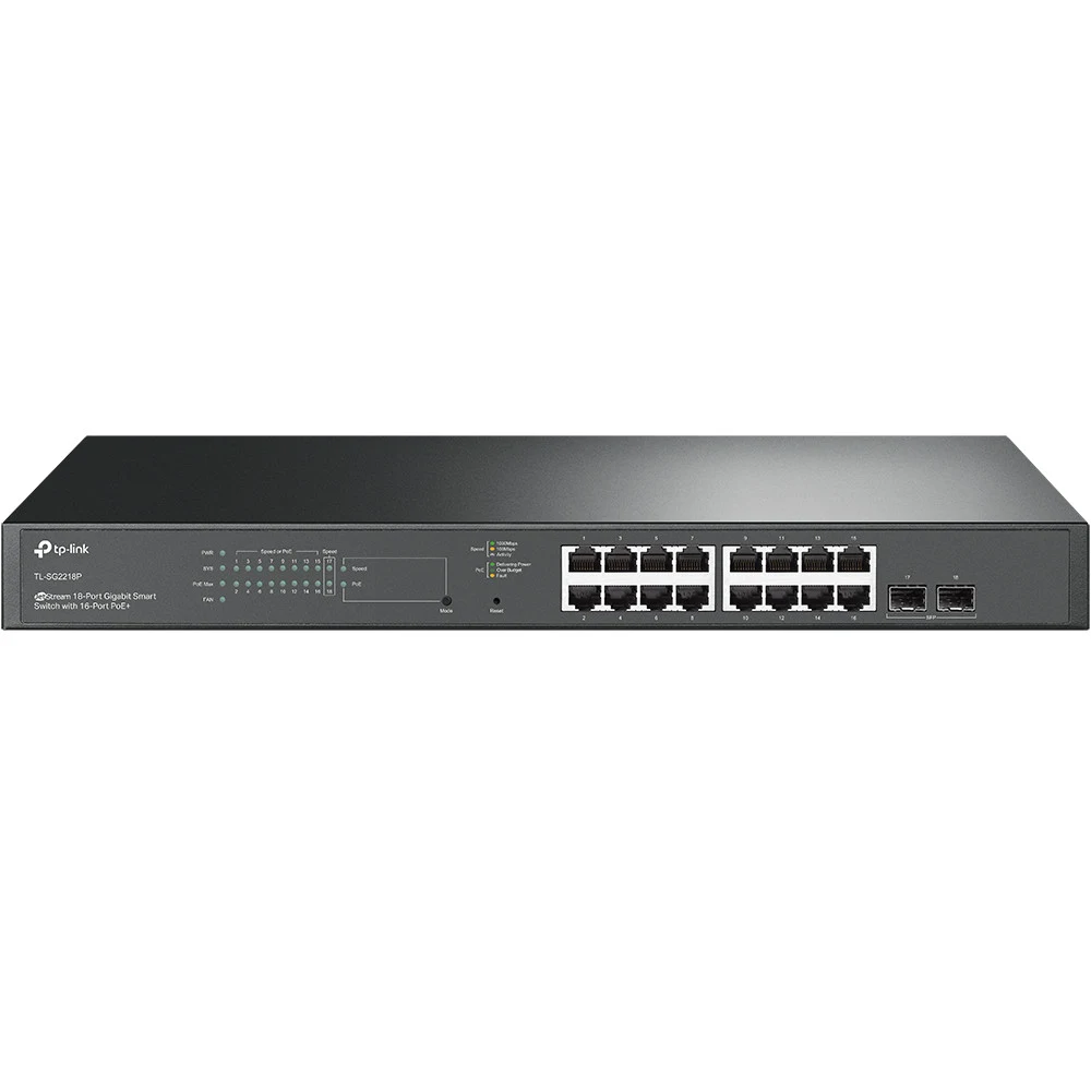 TP-Link TL-SG2218P JetStream 18-Port Gigabit Smart Switch with 16-Port PoE+,16× G RJ45 Ports,2× G SFP Slots,802.3at/af,150 W PoE Power,1U 19-inch Rack-mountable,Integration with Omada SDN Controller