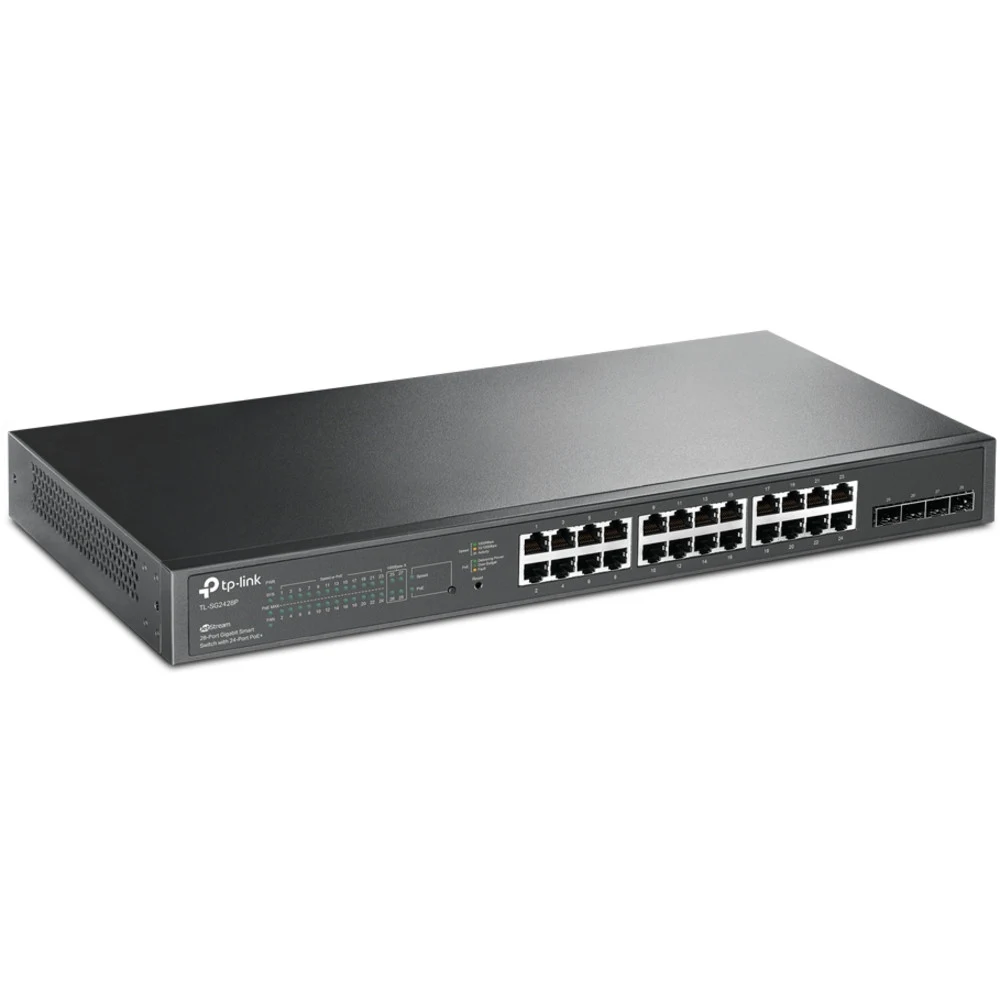 JetStream гигабитный Smart коммутатор на 24 порта PoE+ и 4 SFP-слота.Порты:24 гигабитных порта PoE+ и 4 гигабитных слота SFP для высокоскоростных подключений. Спецификация: 802.3at/af,Бюджет PoE: 25