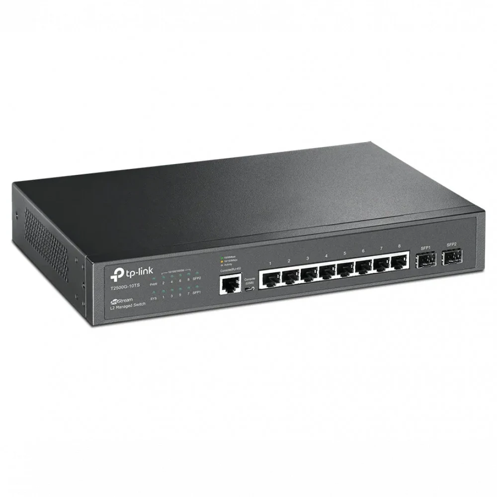 Коммутатор TP-LINK TL-SG3210 JetStream управляемый коммутатор уровня 2+ на 8 гигабитных портов и 2 гигабитных uplink-порта,8 портов RJ-45 10/100/1000 Мбит/с,2 гигабитных SFP-слота,консольные порты: