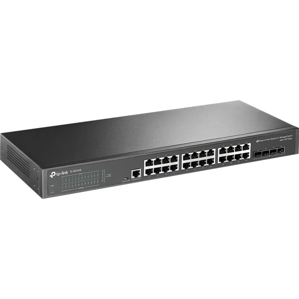 JetStream 24-портовый гигабитный управляемый коммутатор уровня L2+ с 4 SFP-слотами, поддержка контроллера SDN, множество функций L2/L2+, установка в стойку 1U (19"), полное управление через веб-инте
