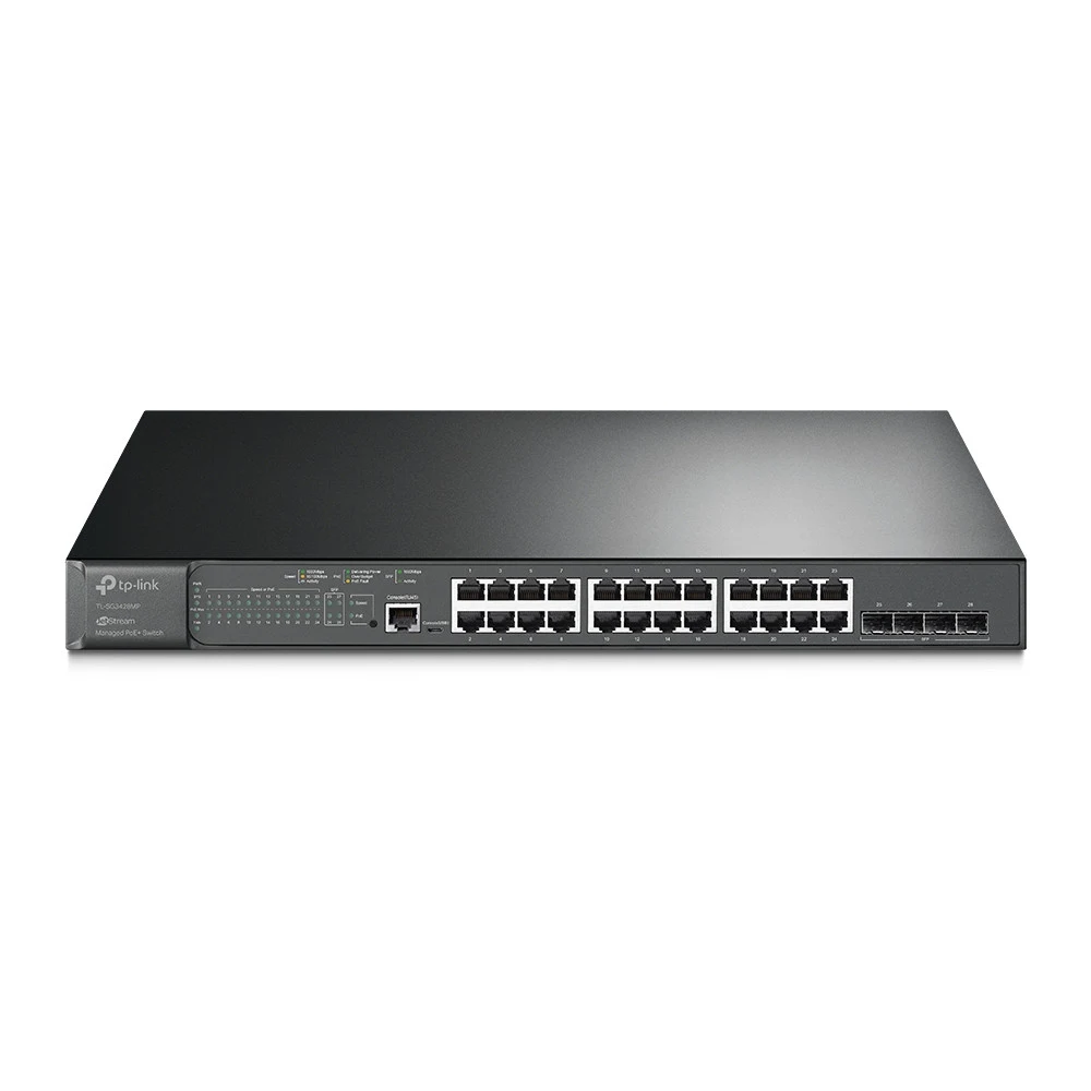 Коммутатор PoE+ управляемый GbE 24-портовый Tp-Link SG3428MP &lt JetStream™ 24 порта GbE 802.3af/at (max 30W на порт), 4 гигабитных SFP-слота, коммутационная матрица 56 Гбит/с, консольный порт управ