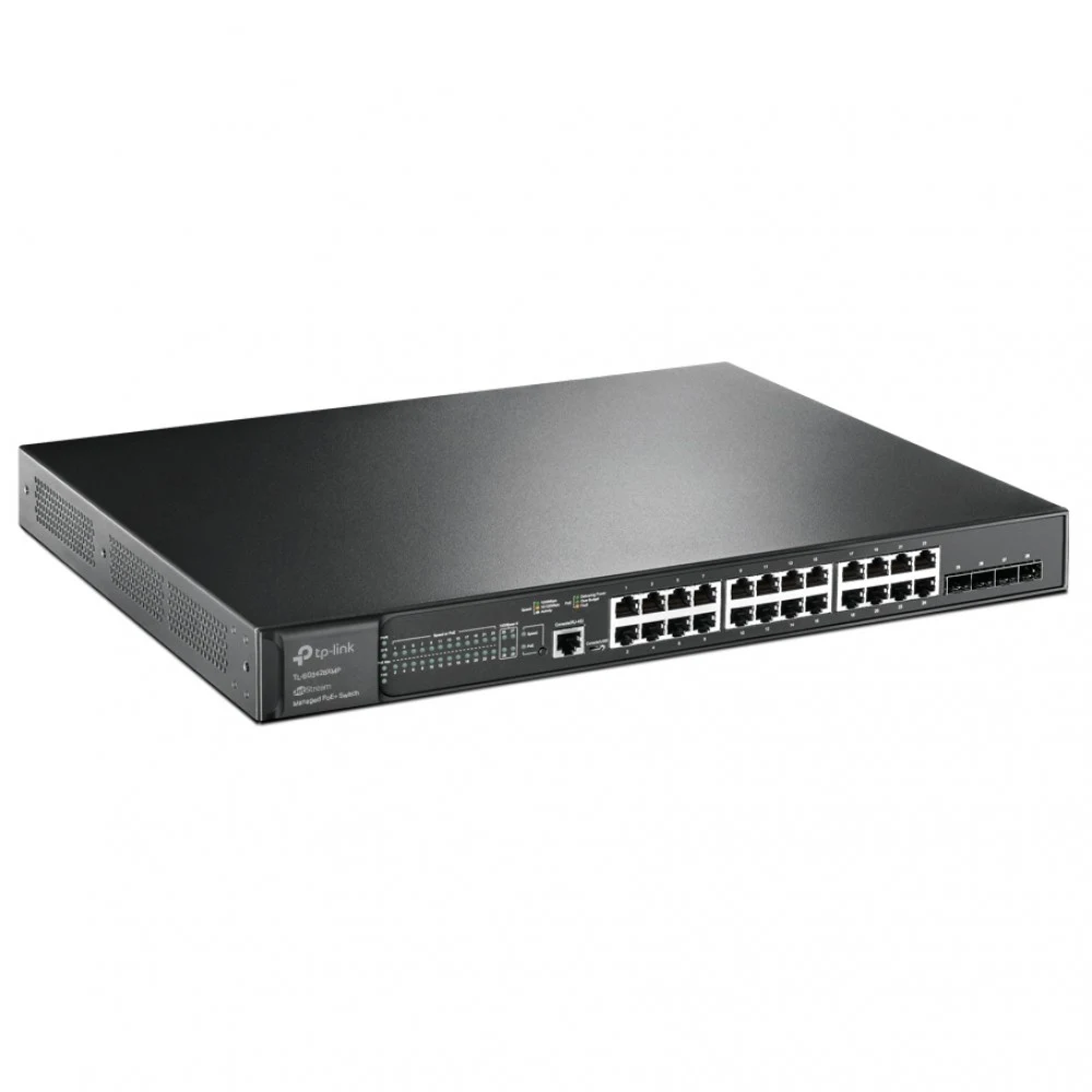 Коммутатор PoE++ управляемый 2.5GbE 28-портовый Tp-Link SG3428XMP &lt JetStream™ 8 портов PoE++ (max 90W на порт), 16 портов GbE 802.3af/at (max 30W на порт), 4 слота SFP+ 10 Гбит/с, коммутационная